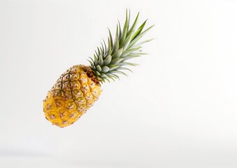 Poster - Fresh juicy tropical fruit pineapple flying isolated on white background. Single whole pineapple falling. : Generative AI