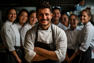 Wall Mural - Chef standing with his team in restaurant kitchen, restaurant staff, back cook