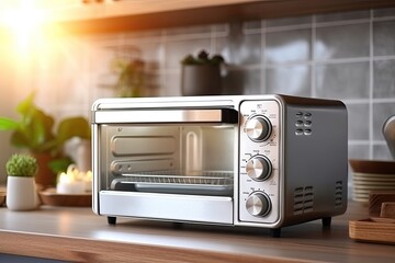 Wall Mural - mini oven on Beautiful wood table top and blur