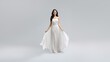 © Surachetsh - full-body fashion portrait of a beautiful woman in a long, flowing white gala dress, the light fabric gracefully draping her figure against a chic white and gray background. Generative AI.