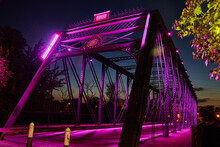 Illuminated Purple Steel Truss Bridge At Twilight, Wells Street, Fort Wayne