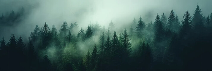 Wall Mural - misty autumn coniferous evergreen forest with fog in the mountains,  Misty landscape with fir forest in hipster vintage retro style. dark green forest lanscape panorama