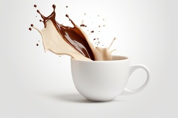  Pouring Coffee Splash, Gracefully Filling a Stylish White Cup, Against a Seamless White Backdrop, Generative AI