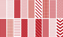 Red And White Seamless Pattern Set. 18 Repeating Patterns For Fabric, Backgrounds, Apparel, Paper, Scrapbooking, And More. Holiday, Valentine's Day, Christmas. Classic, Retro, Simple, Preppy. 