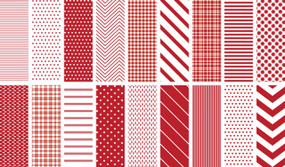 Wall Mural - Red and white seamless pattern set. 18 repeating patterns for fabric, backgrounds, apparel, paper, scrapbooking, and more. Holiday, Valentine's Day, Christmas. Classic, retro, simple, preppy. 