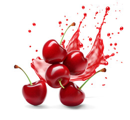 Wall Mural - Falling of red Cherries with juice splash isolated on white background with clipping path 3d rendering ai generated