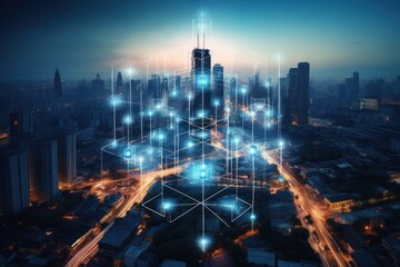 Poster - 5g wireless network, big city background, drone view