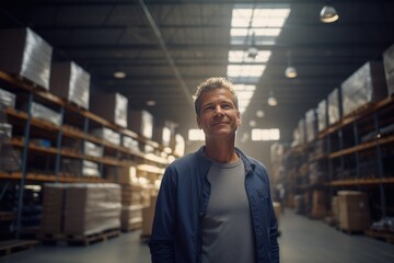 Canvas Print -  A middle-aged man stands in a warehouse ,