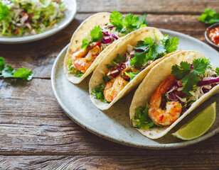 Spicy homemade shrimp tacos served with coleslaw and salsa.