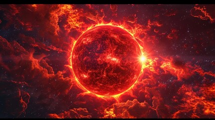 Wall Mural - A neon red sun radiating warm energy in the center of a bright neon universe.