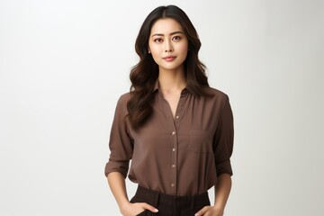 Wall Mural - Beautiful young asian woman in brown shirt. Charming female lady standing pose 