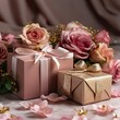 Beautifully wrapped gift boxes with pink rosses in pink and gold colors, close-up, space for text