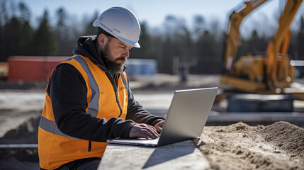 Focused work as a Caucasian young engineer uses a laptop on a road construction site