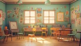 Fototapeta  - Vibrant illustrations of a welcoming kindergarten classroom with playful learning spaces and happy children
