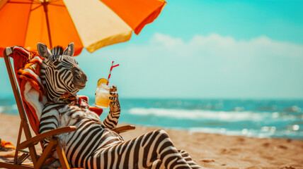 A zebra in human clothes lies on a sunbathe on the beach, on a sun lounger, under a bright sun umbrella, drinks a mojito with ice from a glass glass with a straw, smiles, summer tones, bright rich col