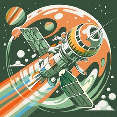 Wall Mural - Abstract drawing with a spaceship with solar panels flying past the planets. JPEG version.