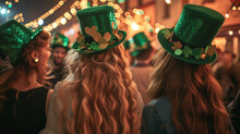 Backview Of Group Of Girls Walking To St Patrick's Day Bars At Night