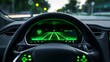 The camera zooms in on the steering wheel of a car showing the Adaptive Cruise Control on illuminated with a green light indicating that the safety system is active.