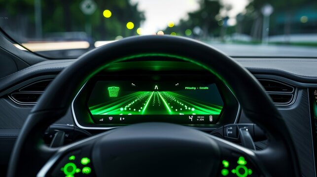 the camera zooms in on the steering wheel of a car showing the adaptive cruise control on illuminate