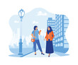 A woman wearing a hijab walks with her female friend on a city street. Urban buildings as background. Happy calm peaceful girl volunteer concept. Trend Modern vector flat illustration