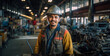 portrait of a man in a helmet, man standing in warehouse, man in the street, portrait of a person in the city, latino welder in spring in a steel warehouse that doe