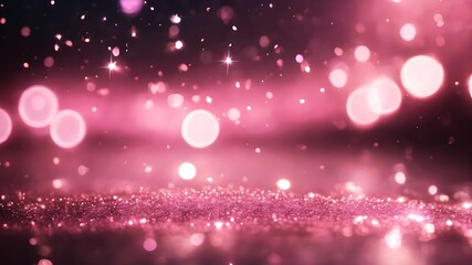 Pink shining sparkles on black background. Luxury bokeh background.	