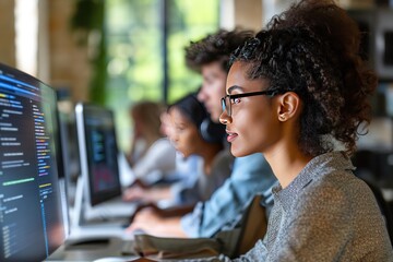 Wall Mural - Group of programmers working hard,Young woman programmer using computer 