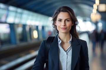 Sticker - businesswoman in front of information board at train station 