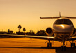 Beautiful private jet in golden setting sun