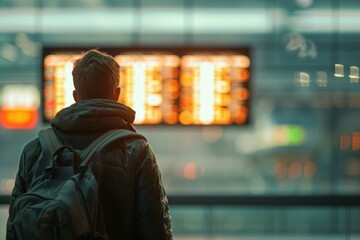 Man standing in front of flight Information display system. 