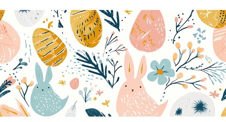  A banner with Easter eggs and hares. A flat illustration.