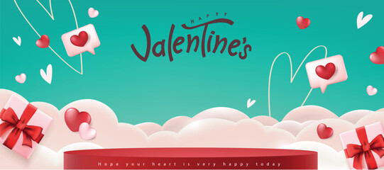 Wall Mural - valentines day promotion banner background with product display cylindrical shape and heart shape ba