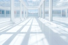 Empty White Hall With Windows And Blue Sky