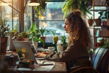 Poster - Young Woman Writing Code on Desktop Computer in Stylish Loft Apartment 