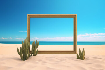 Wall Mural - Generative AI Image of Empty Wooden Photo Frame Background on the Beach in Summer
