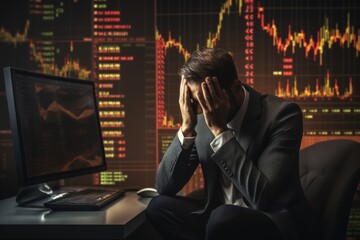 Poster - Stressed businessman sits in panic digital stock market financial background. 
