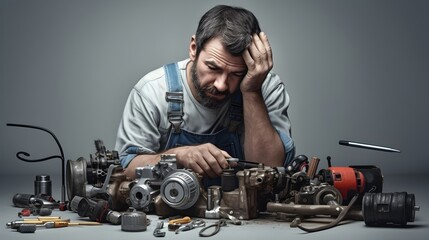 Wall Mural - A mechanic focused on repairing, isolated on a muted light grey