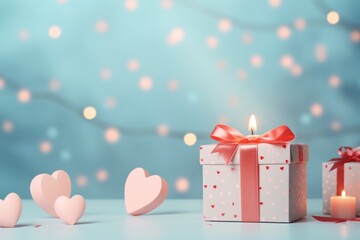 Wall Mural - Valentine's Day background. Gifts, candle, confetti, envelope on pastel blue background. 