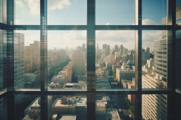 Poster - View through glass windows for take aerial view of buildings in the city 