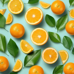 Fresh orange and slice with leaves background, Close up, Image of juicy organic whole and halved oranges with leaves ,AI generated