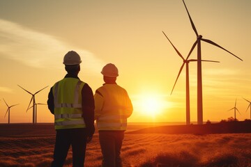 Wall Mural - Young maintenance engineer team working in wind turbine farm at sunset 