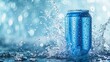 A product pictorial mockup featuring a blue soda can and water cascading, space, Generative AI.
