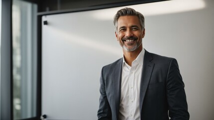 Sticker - A man in a suit is smiling in front of a whiteboard. Generative AI.