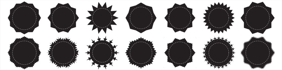 Poster - Set of vector starburst, sunburst badges. Simple flat style vintage labels, stickers, Sunburst price tags Black icons on white background.  12354