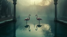 Fine Art Photography Of Two Flamingos Stand In A Swimming Pool In The Garden Of A Grand House. It's In The Middle Of Winter, On A Misty Morning Where The Sun's Rays Are Just Breaking Through,