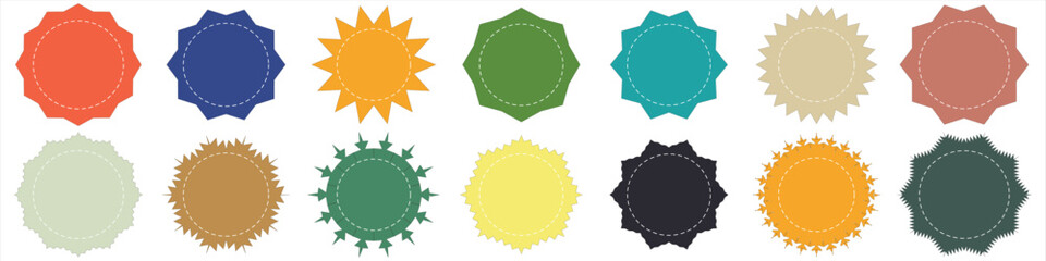 Poster - Set of vector starburst sunburst badges. Vintage labels. Starburst sale sticker. Colored stickers. Sunburst price tags. Simple Flat Style Vintage Labels. colourful icons on white background. 