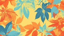 Screenprints, Screenprint Of A Stamp, Stamp Leafs, Leafs Are Falling, In The Style Of Vintage-inspired Designs, Fluorescent Orange And Yellow And Light Blue, Wes Anderson, Seamless Pattern,   
