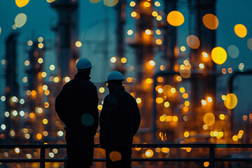 two engineers standing together, with a bokeh effect and blurred background of a refinery