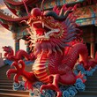 Red Chinese dragon in a beautiful temple . Chinese new year illustration . 