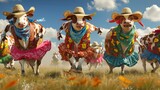 Fototapeta  - Three moosicians get it in straw hats and bandanas serenade a group of cows dressed in colorful skirts and vests. Some cows cant help but bust a move while others shyly sway